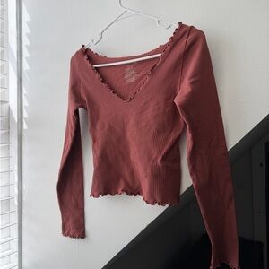 Free People Ribbed Long Sleeve Top - Brick Red